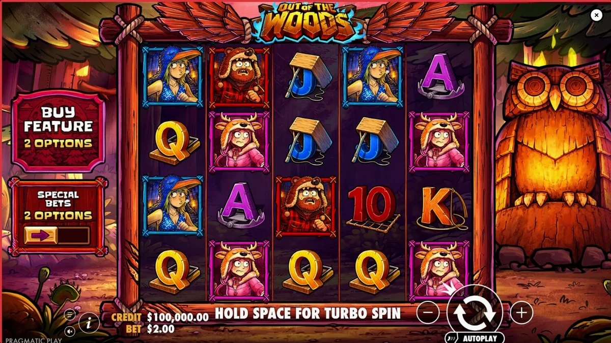 Tampilan visual slot Out of the Woods dengan tema hutan dan karakter hewan yang lucu