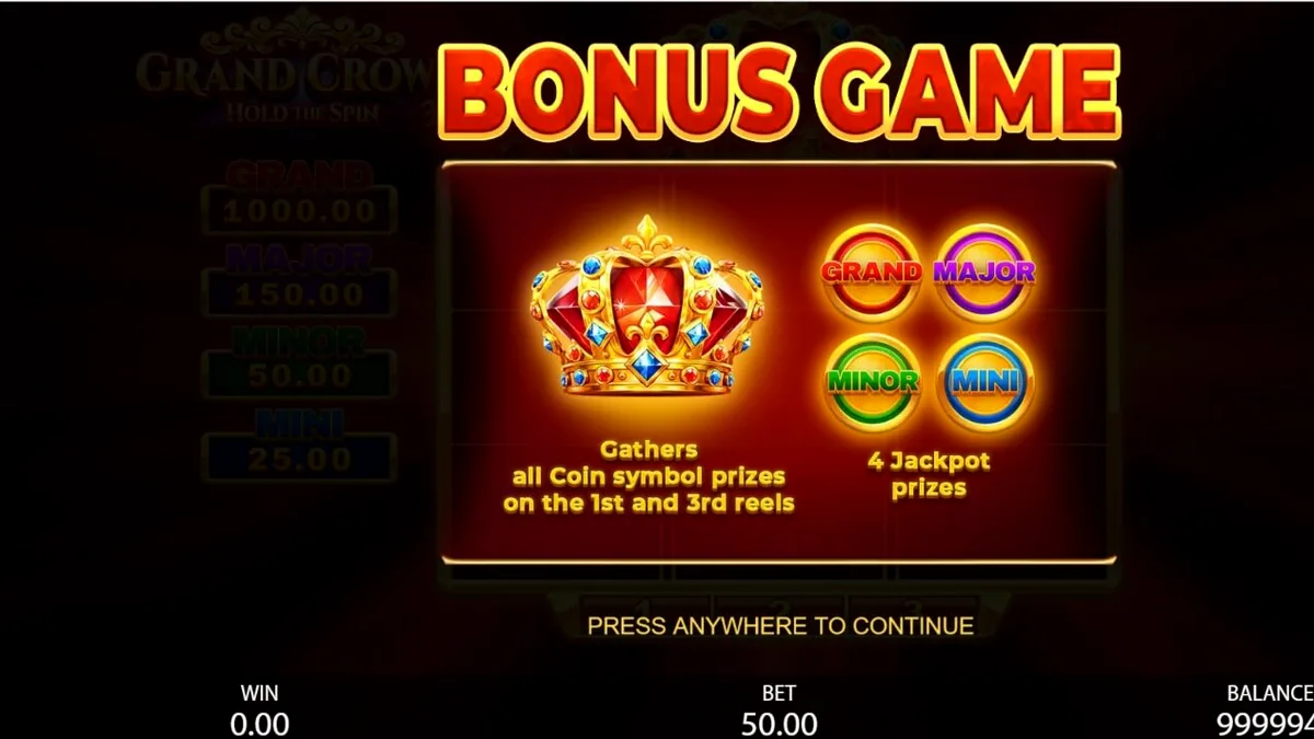 Tampilan visual slot 3x3 Grand Crown dengan simbol buah dan mahkota emas.