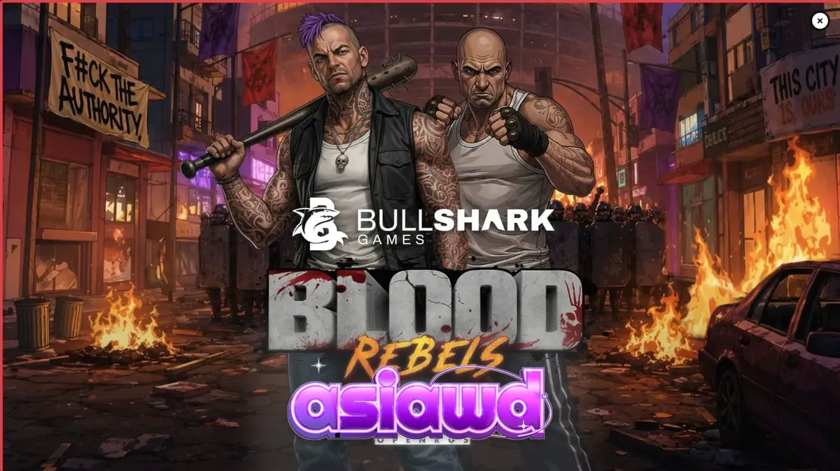 Tampilan visual slot Blood Rebels dengan tema urban dan simbol senjata jalanan